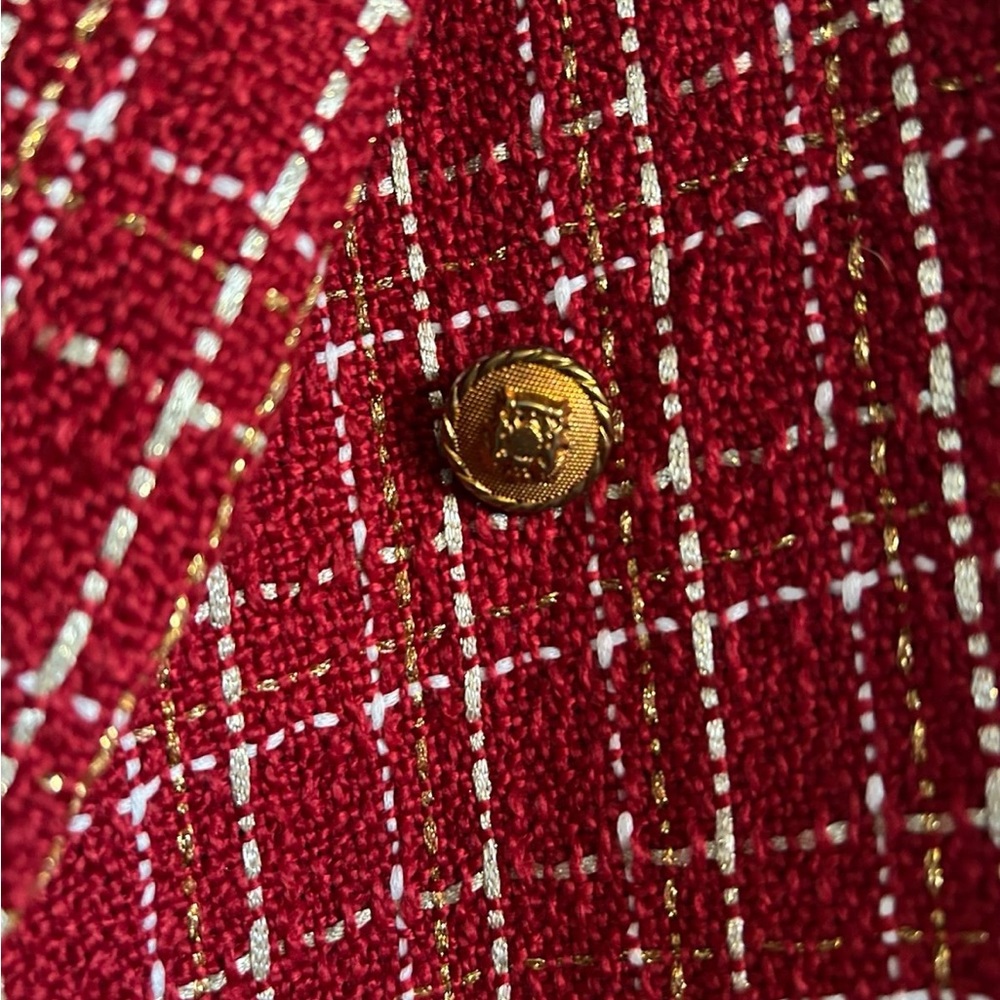 PLM Red Tweed Plaid Double-Breasted Gold Foil Blazer Size Med - Picture 5 of 6
